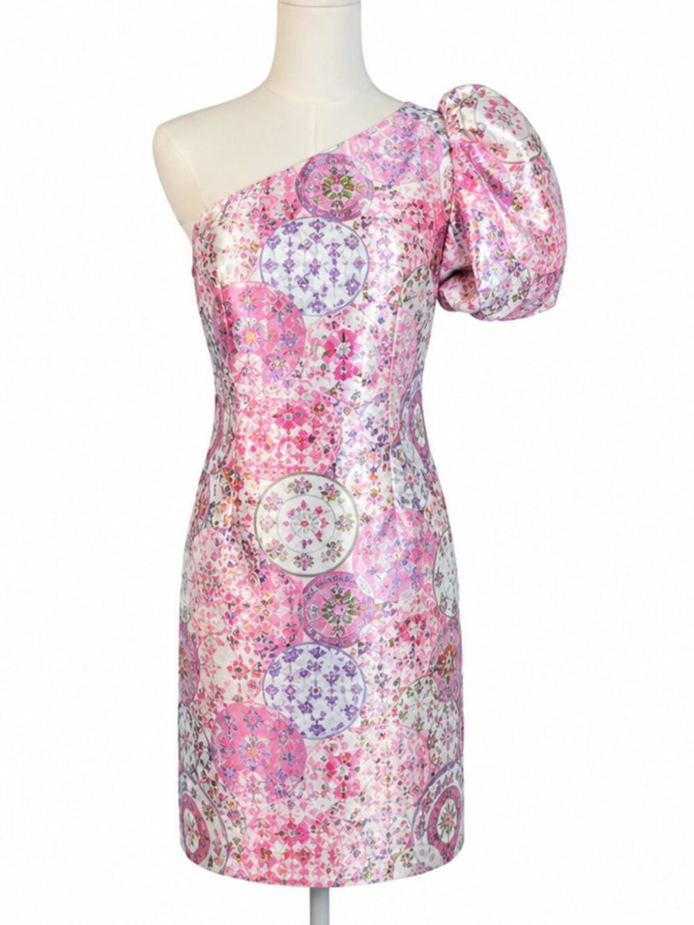 Neubyrne Opal One Shoulder Dress Plates Print Pink Jacquard | Size L